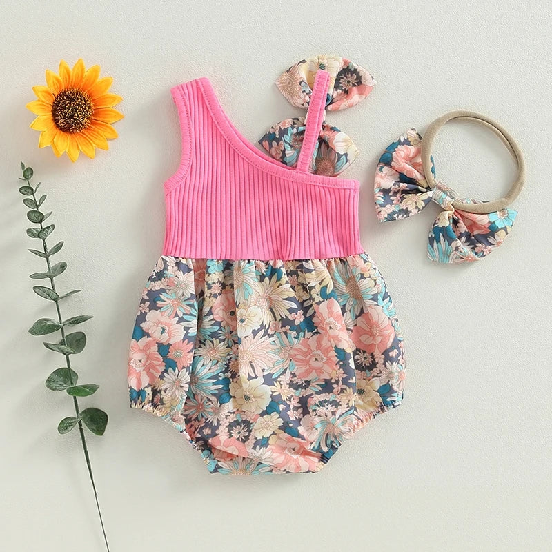 Cerise Pink Ribbed Floral Romper and Headband