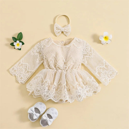 Off White Lace Romper Dress with Pichwork Plaid Skirt