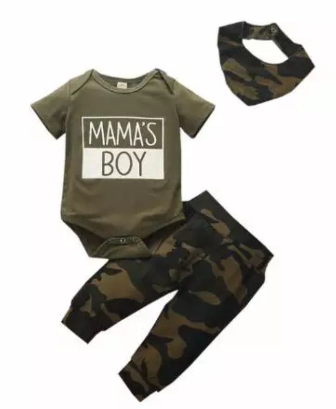 Mama's Boy  Romper with Camo Pants and Bib