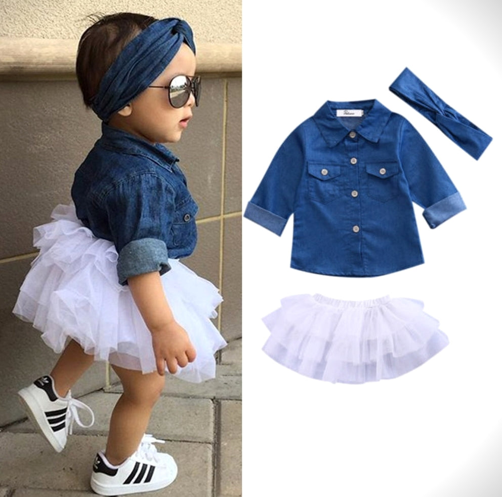 Denim Shirt, Headband and White Tutu #10007