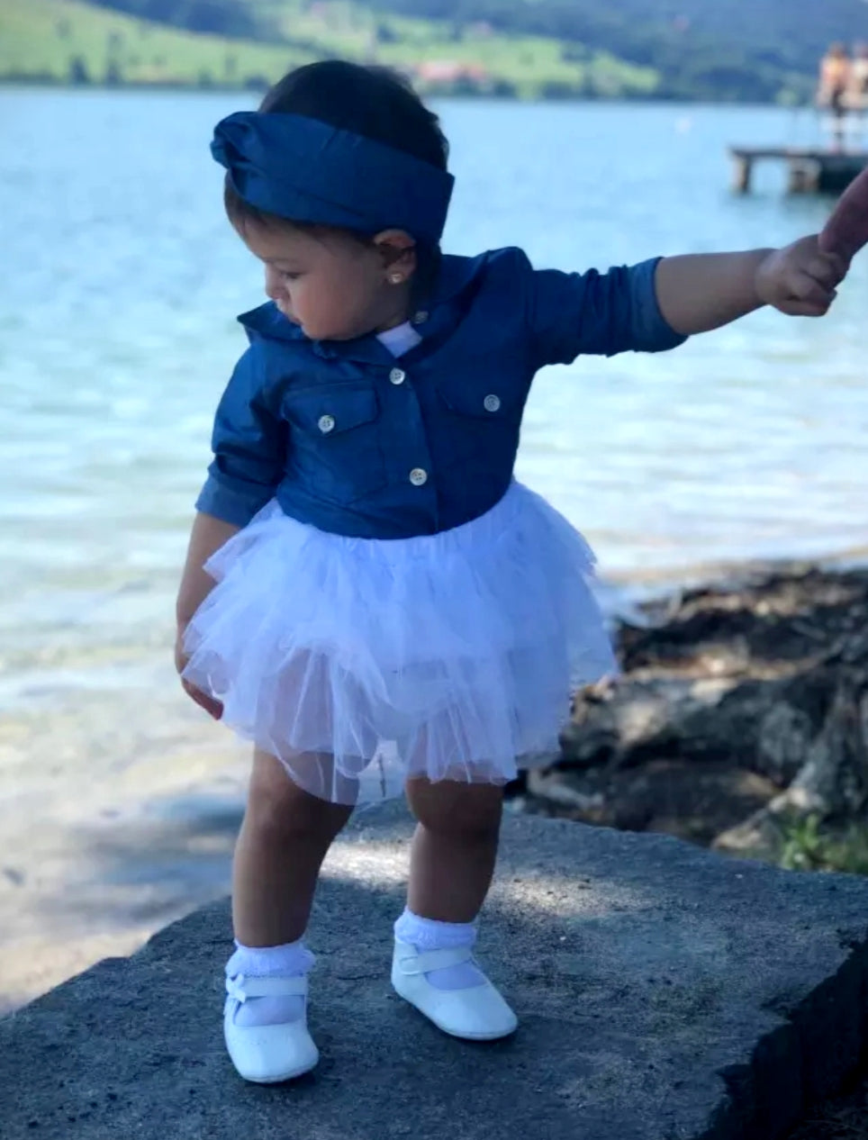 Denim Shirt, Headband and White Tutu #10007