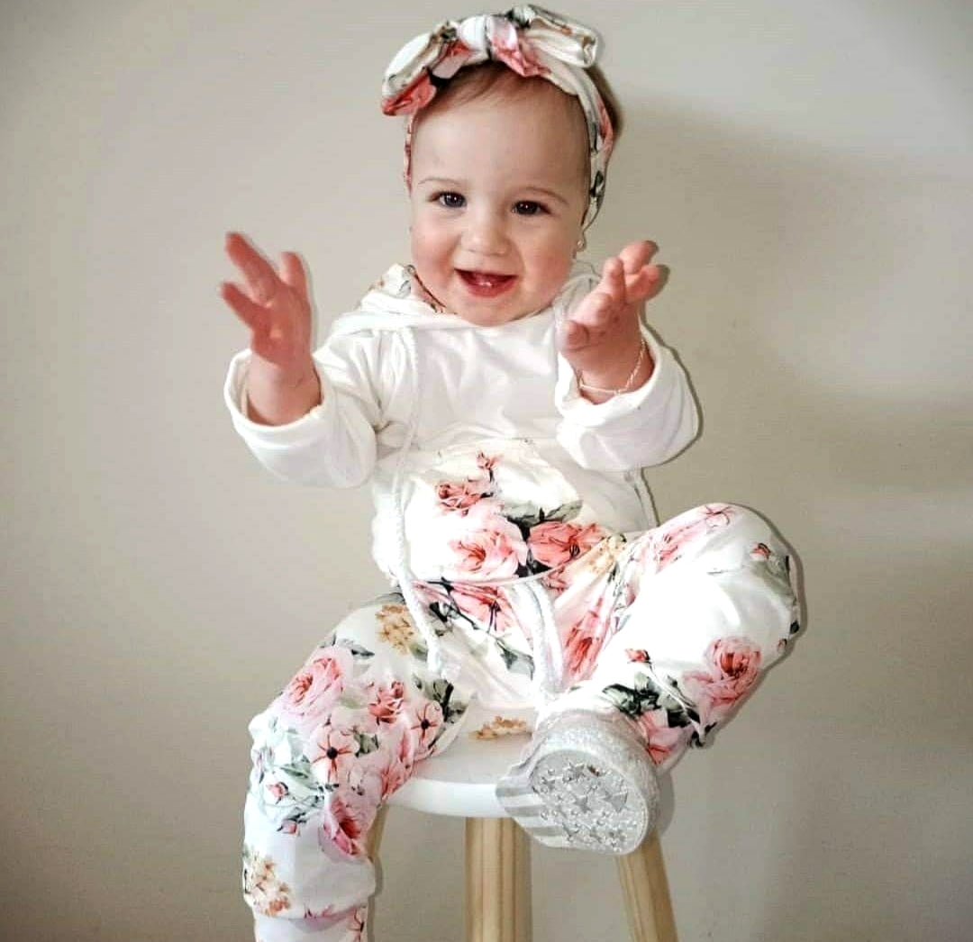 White Floral Hoodie with Floral Pants and Headband