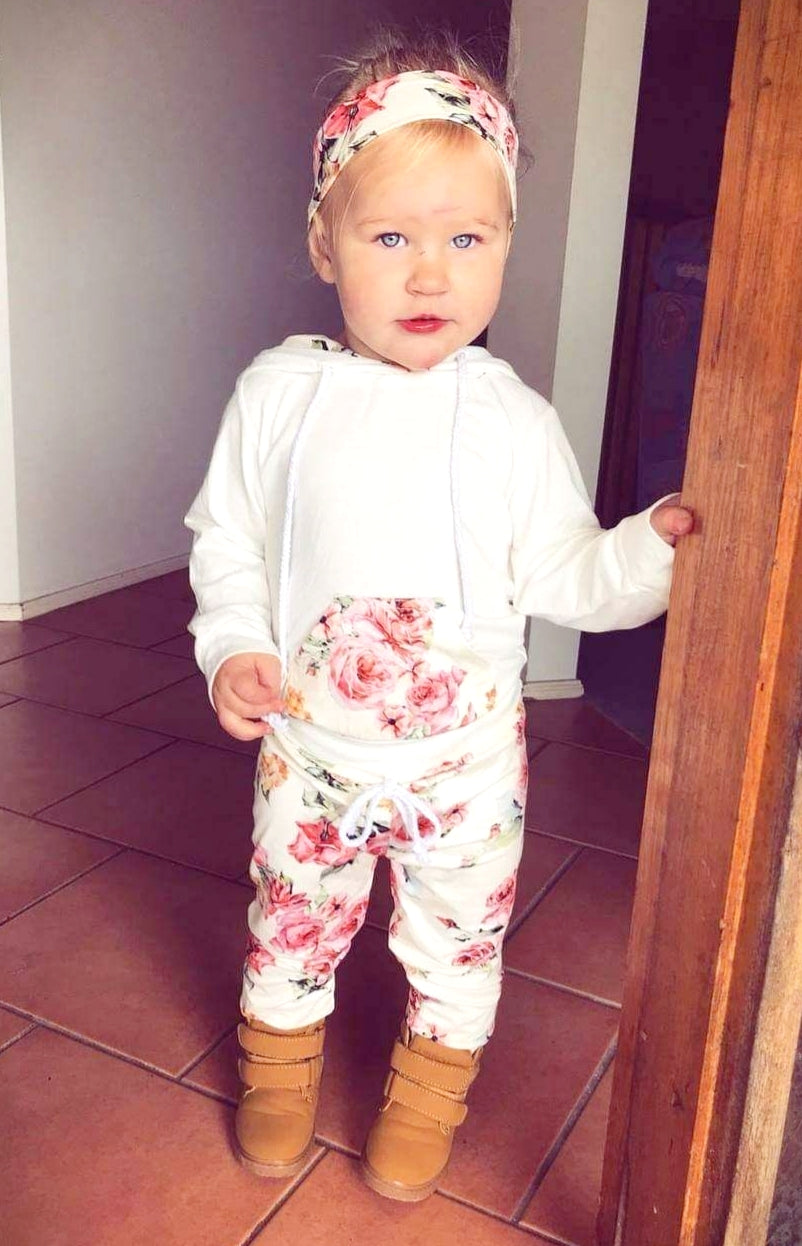 White Floral Hoodie with Floral Pants and Headband