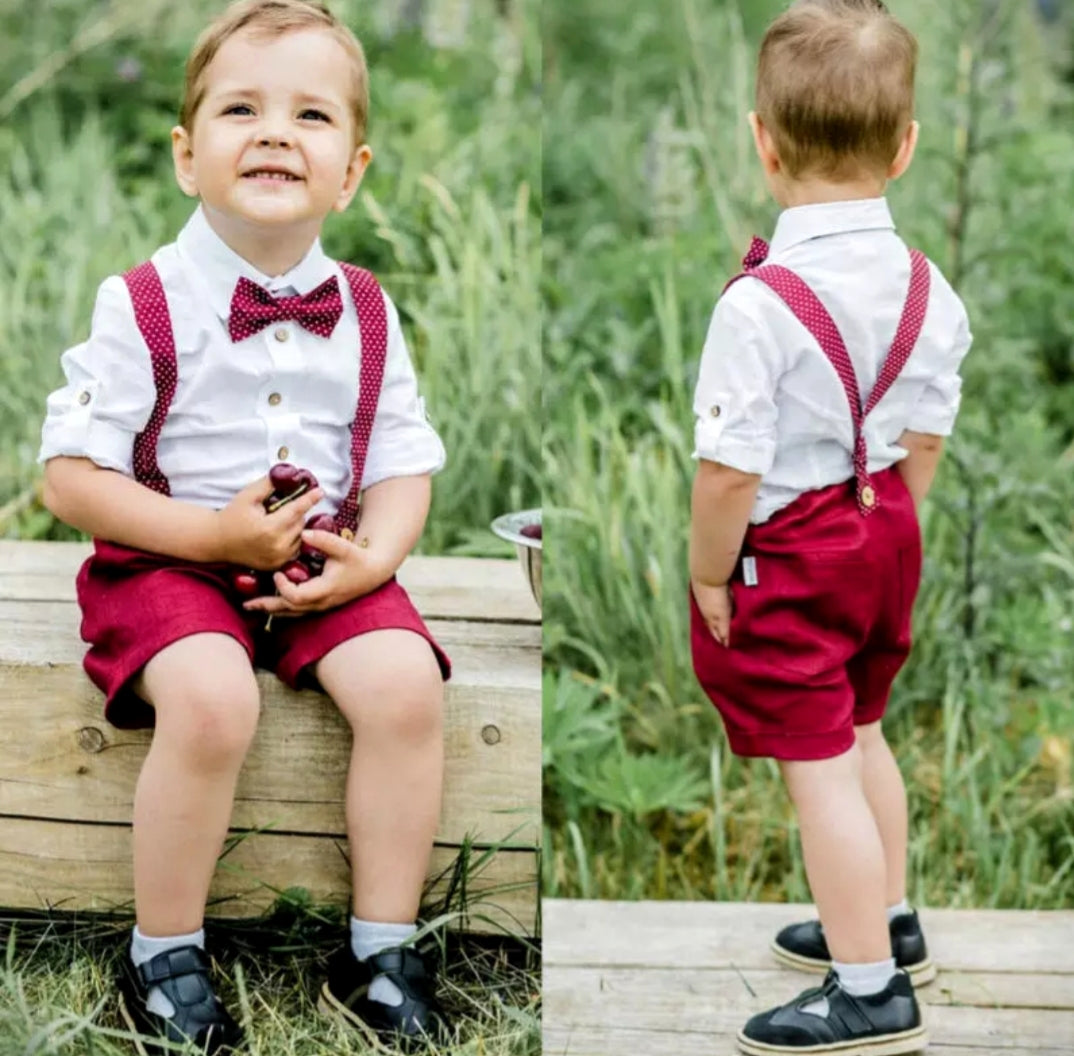 Burgundy Gentleman Suit White long Sleeve Shirt with Burgundy Suspended Shorts and Bowtie