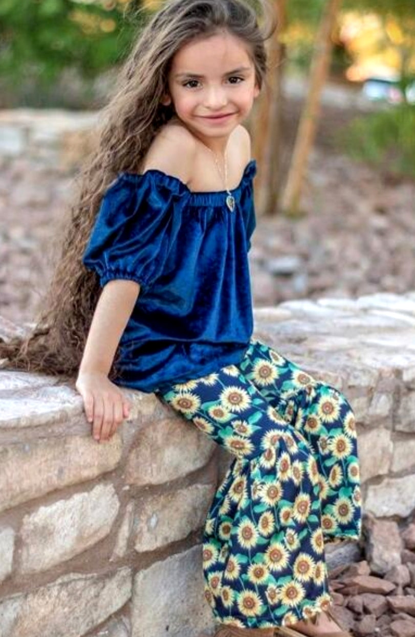 Navy Velvet On Or Off The Shoulder Top and Sunflower Bell Bottoms