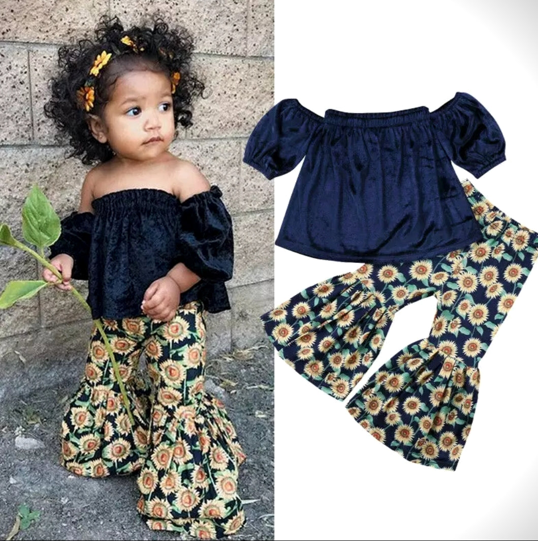 Navy Velvet On Or Off The Shoulder Top and Sunflower Bell Bottoms