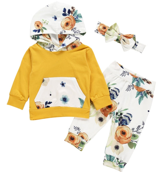 Floral Yellow Hoodie with Floral Pants and Headband