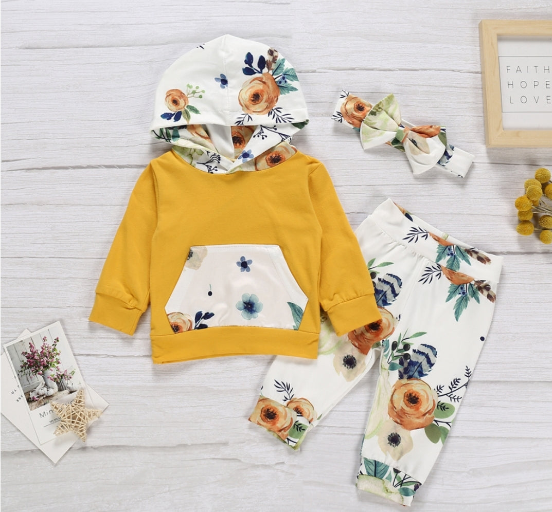 Floral Yellow Hoodie with Floral Pants and Headband