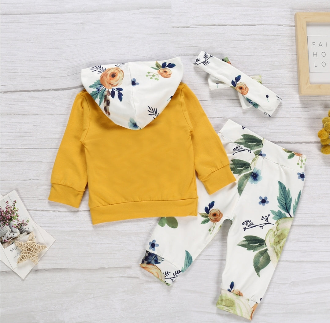 Floral Yellow Hoodie with Floral Pants and Headband