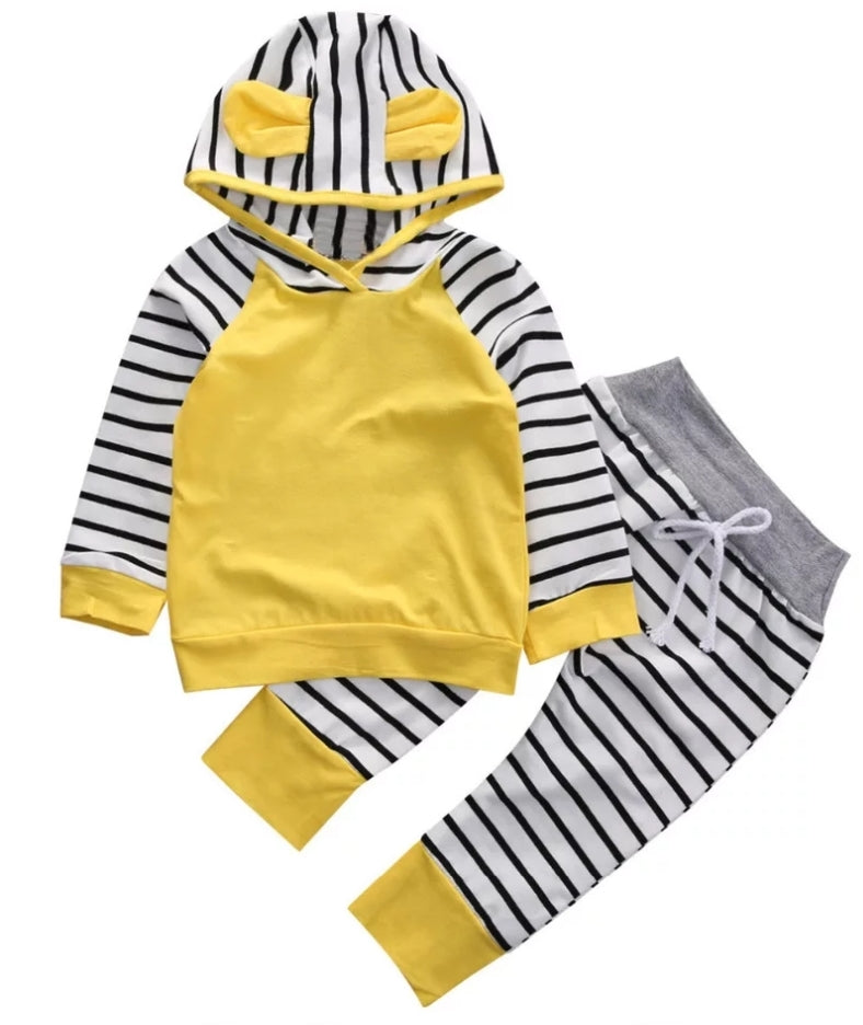 Yellow Hooded Top With High Wasted Striped Pants 1000134