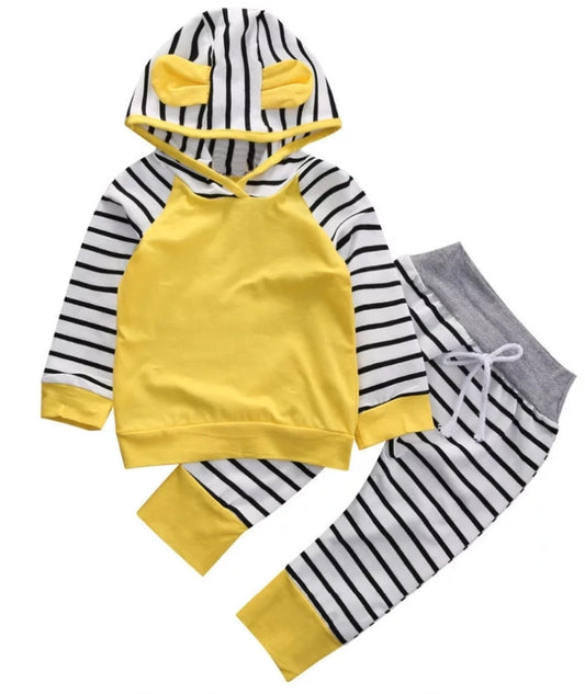 Yellow Hooded Top With High Wasted Striped Pants 1000134
