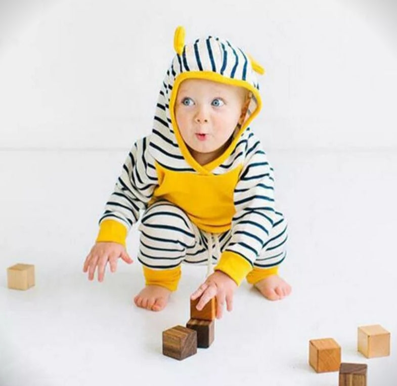 Yellow Hooded Top With High Wasted Striped Pants #1000134