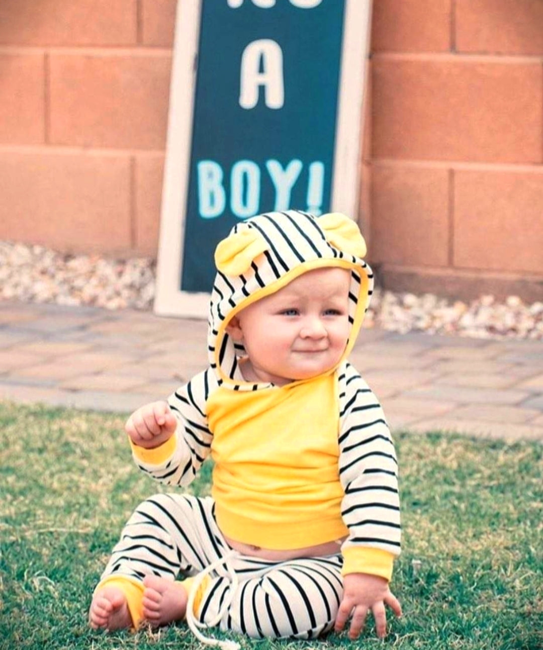 Yellow Hooded Top With High Wasted Striped Pants #1000134