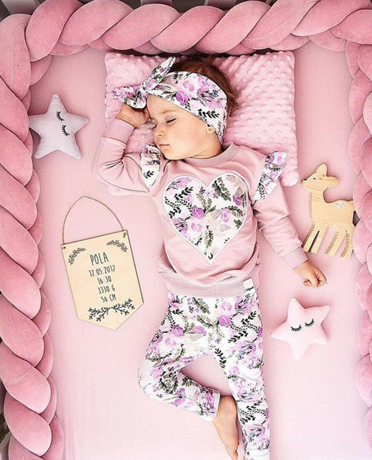 Ruffle Sleeve Top with Heart Detail, Floral Leggings and Headband  100053