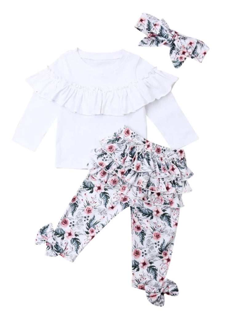 White Ruffle Top with Florral Leggings and Headband