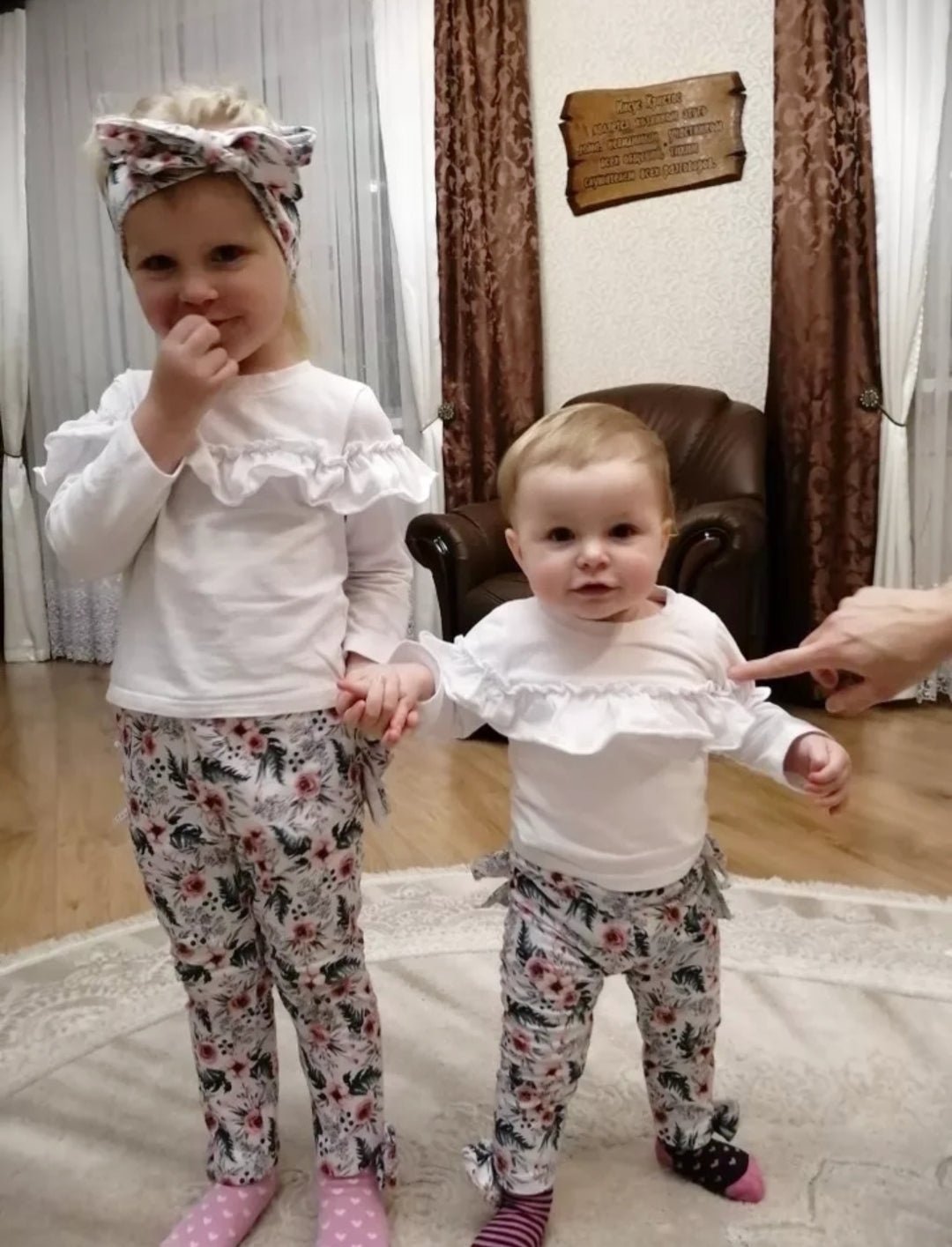 White Ruffle Top with Florral Leggings and Headband