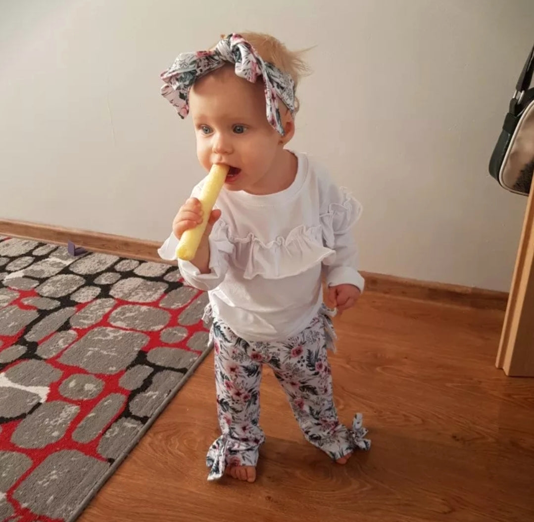 White Ruffle Top with Florral Leggings and Headband