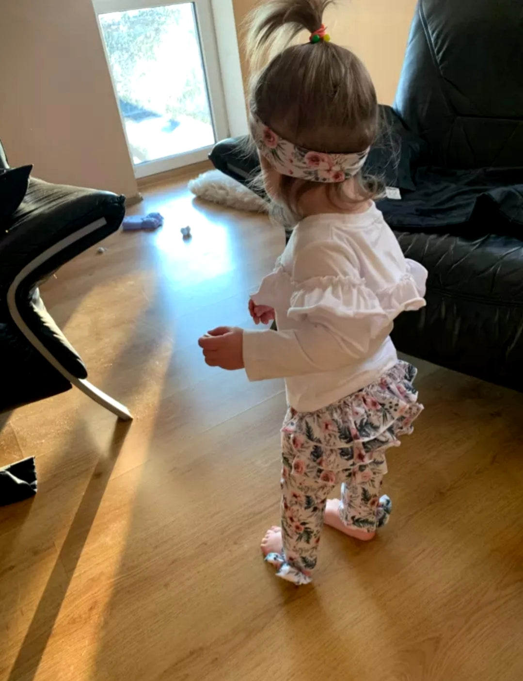 White Ruffle Top with Florral Leggings and Headband