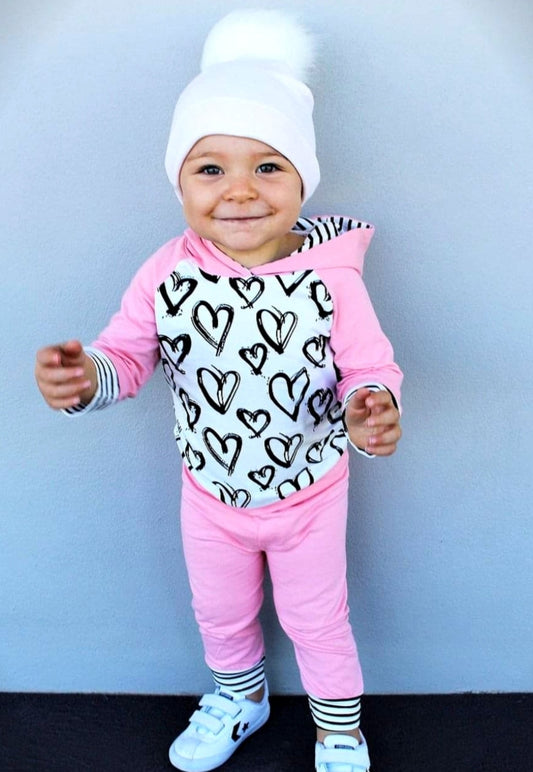 Pink Hoodie Tracksuit with High Waisted Pants and Heart Print