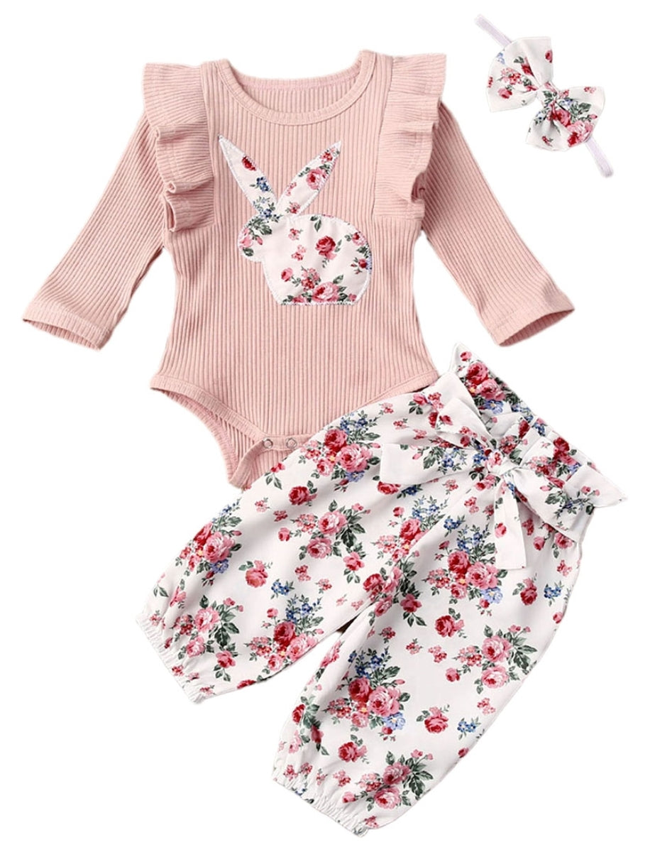 Ribbed Bunny Floral Romper and Bowknot Pants 100074