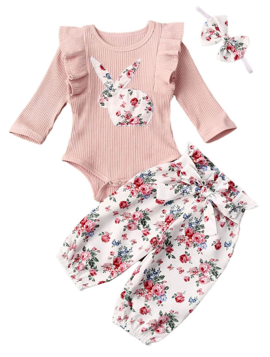 Ribbed Bunny Floral Romper and Bowknot Pants 100074
