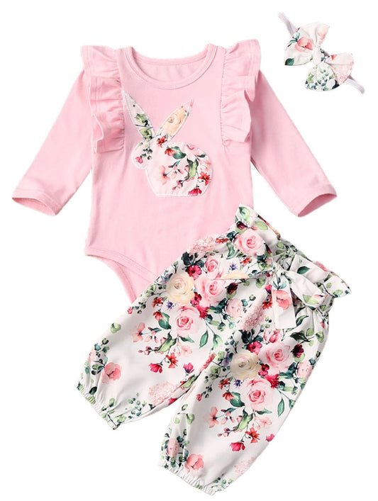 Pink Bunny Floral and Bowknot Pants