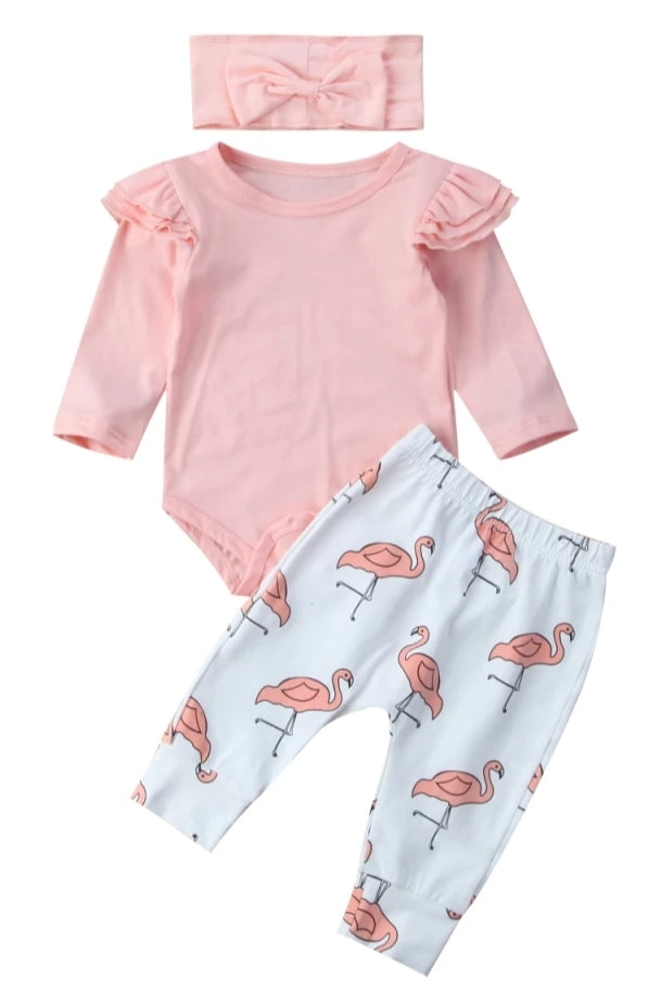 Pink Ruffle Sleeve Romper with Flamingo Pants and Headband  100076