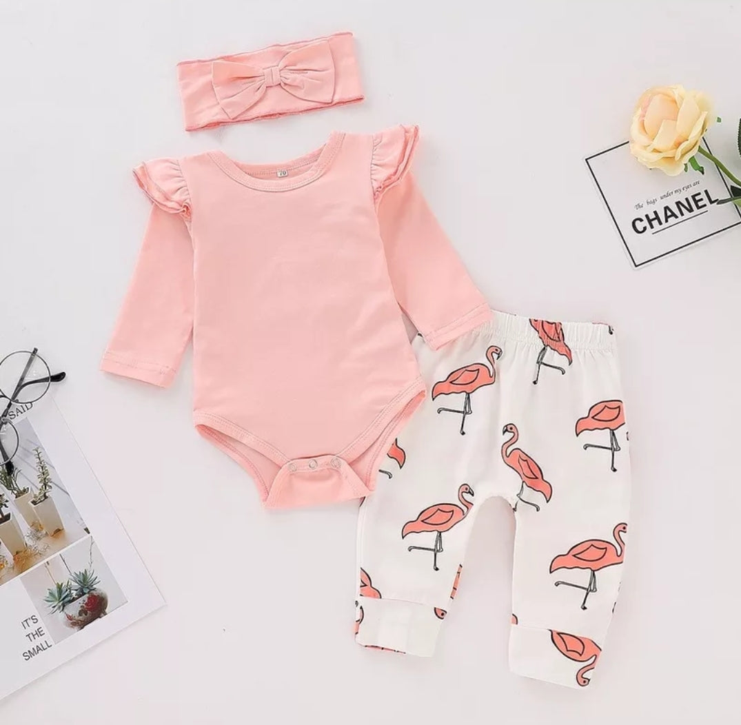 Pink Ruffle Sleeve Romper with Flamingo Pants and Headband  100076