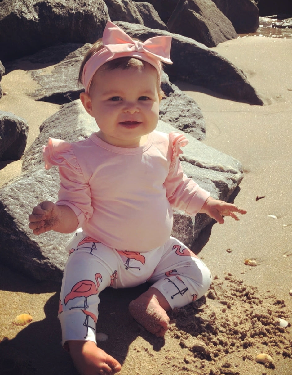 Pink Ruffle Sleeve Romper with Flamingo Pants and Headband  100076