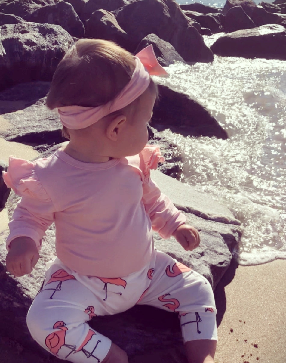 Pink Ruffle Sleeve Romper with Flamingo Pants and Headband  100076