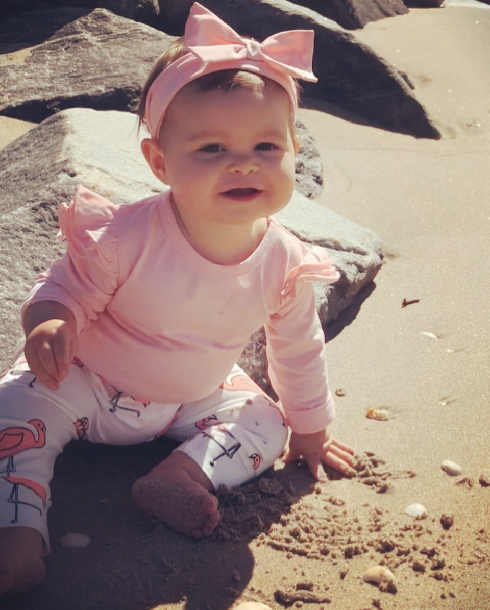 Pink Ruffle Sleeve Romper with Flamingo Pants and Headband  100076