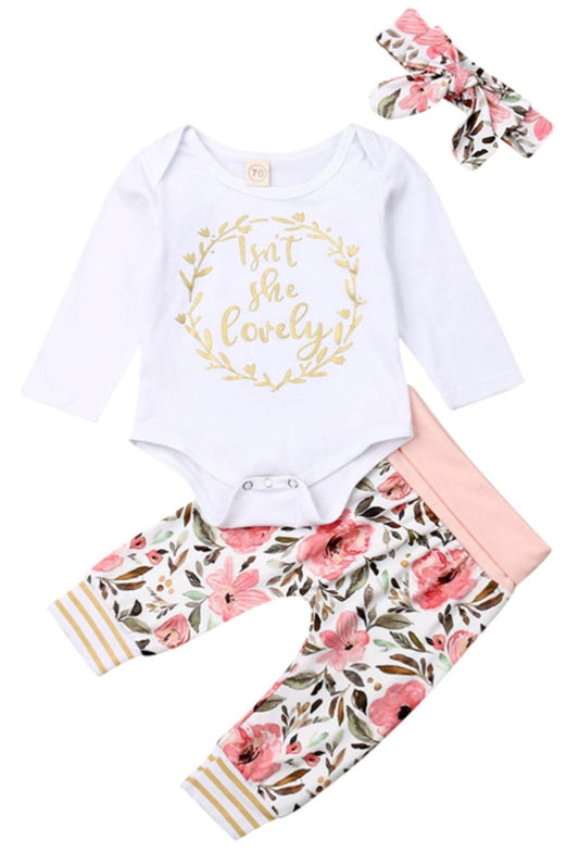 Isn't She Lovely Gold Printed Romper Floral High Wasted pants and Headband