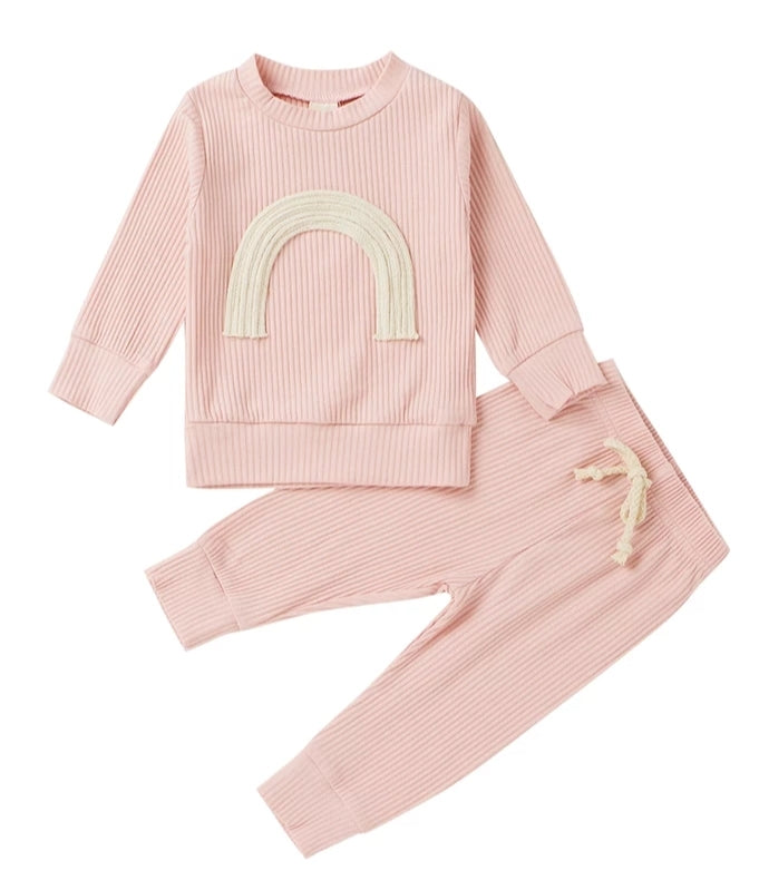 Pink Crewneck Ribbed Rainbow Tracksuit  100098