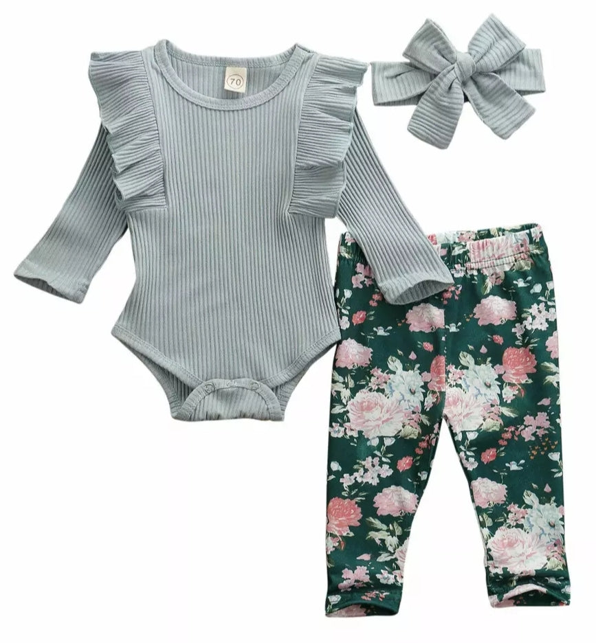 Ribbed Duck Egg Ruffle Romper with Floral Leggings and Headband 