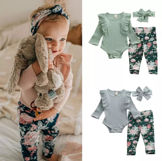 Ribbed Mint Ruffle Romper with Floral Leggings and Headband 