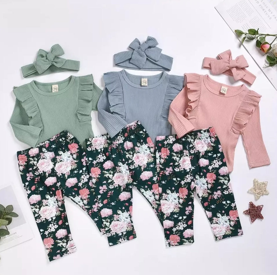 Ribbed Mint Ruffle Romper with Floral Leggings and Headband #1000104