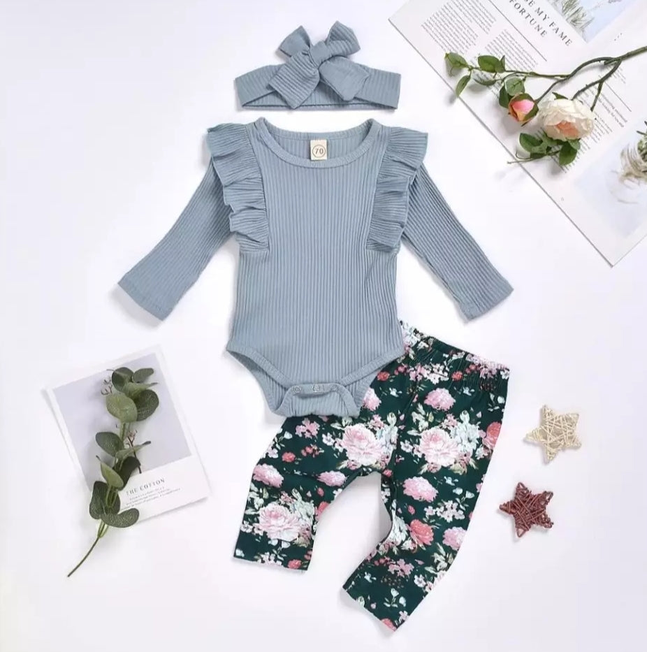 Ribbed Duck Egg Ruffle Romper with Floral Leggings and Headband 