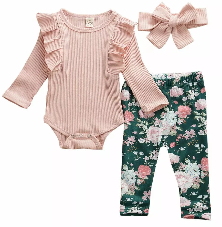 Ribbed Dusty Pink Ruffle Romper with Floral Leggings and Headband 