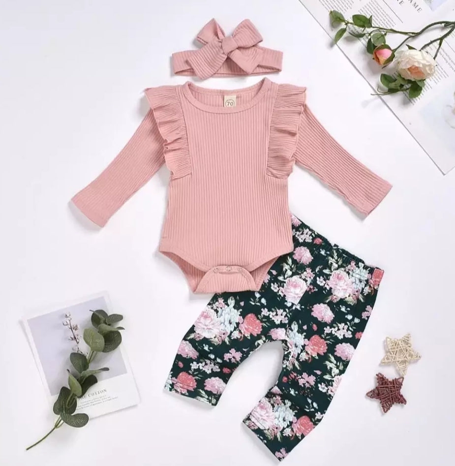 Ribbed Dusty Pink Ruffle Romper with Floral Leggings and Headband 