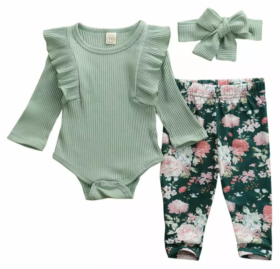 Ribbed Mint Ruffle Romper with Floral Leggings and Headband 