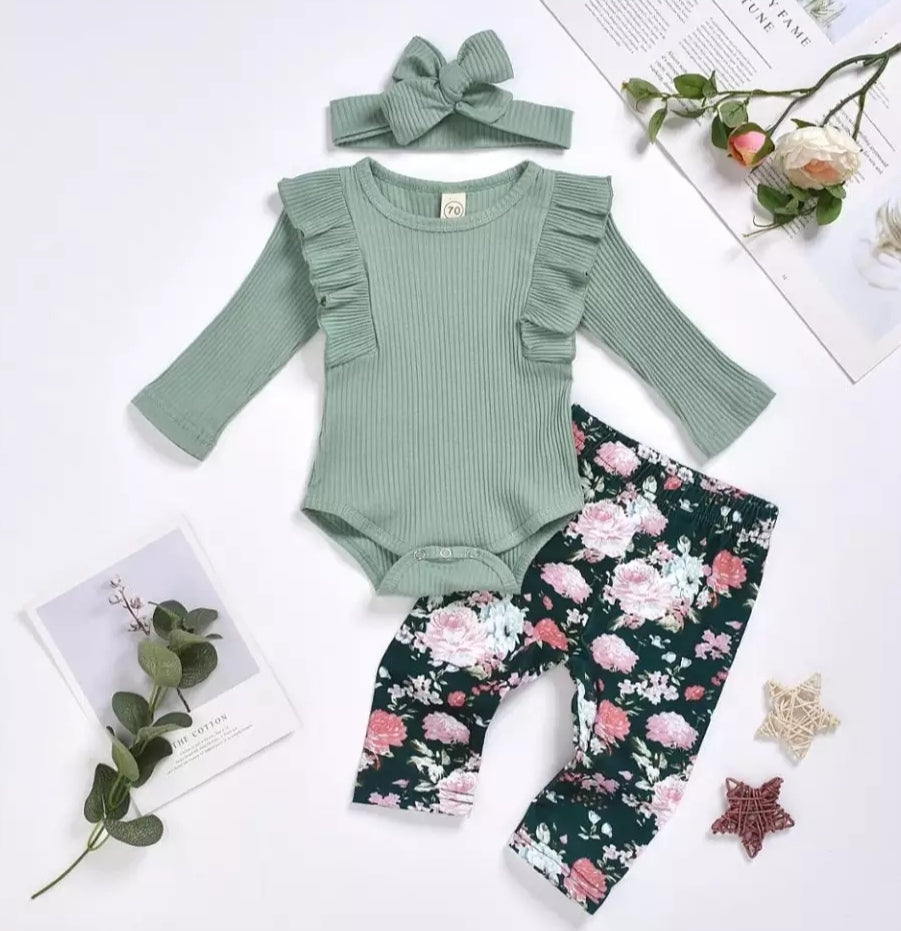 Ribbed Mint Ruffle Romper with Floral Leggings and Headband 