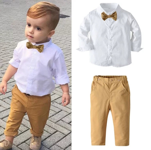 Gentleman Suit White Long Sleeve Shirt, Chino Pants and Bowtie