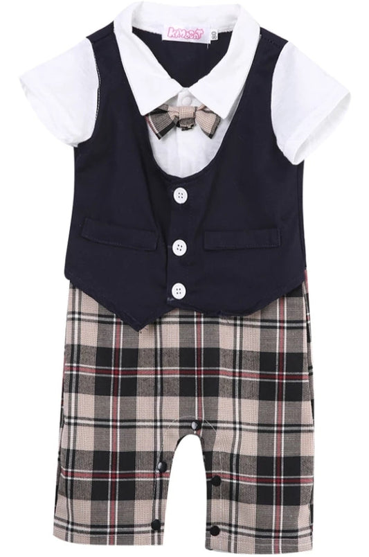 Navy Checked Gentleman Romper Jumpsuit