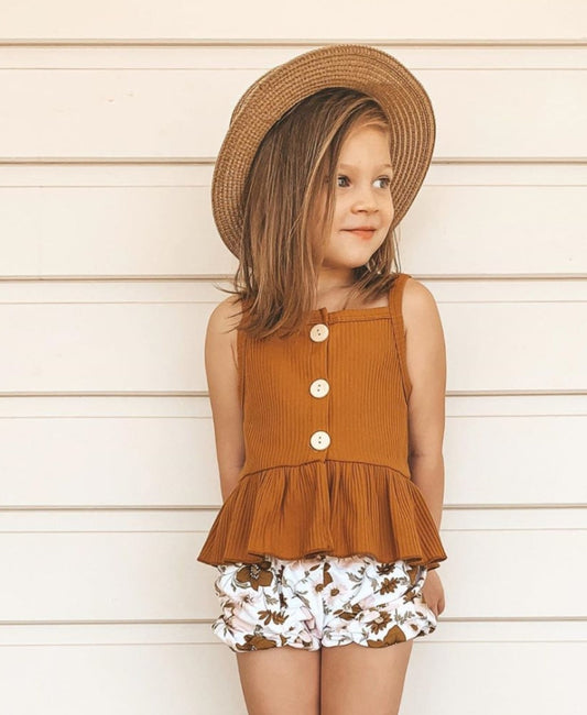 Rust Ribbed Spaghetti Top and Floral Shorts 