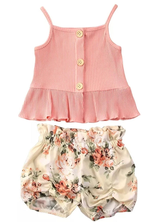 Pink Ribbed Spaghetti Top and Floral Shorts 