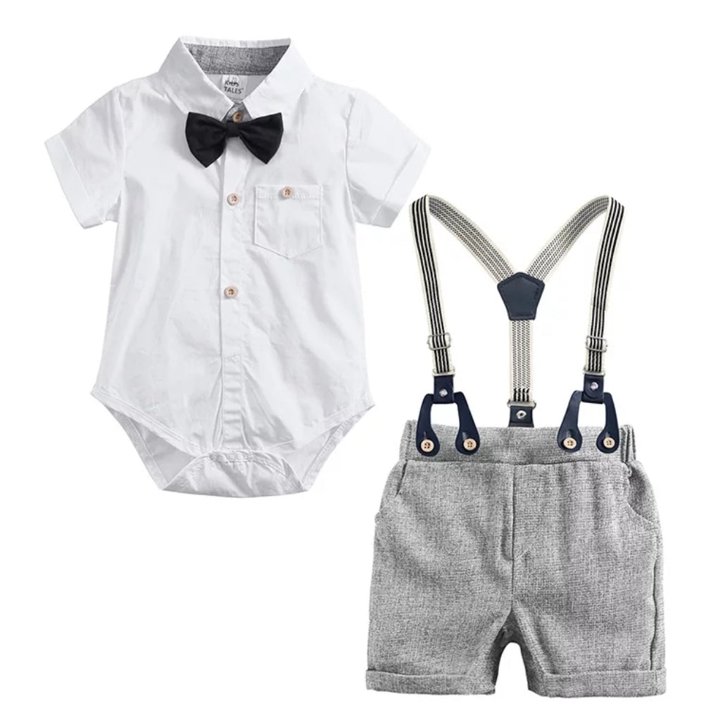 Gentleman Suit White Short Sleeve Shirts with Shorts, Suspenders and Bowtie