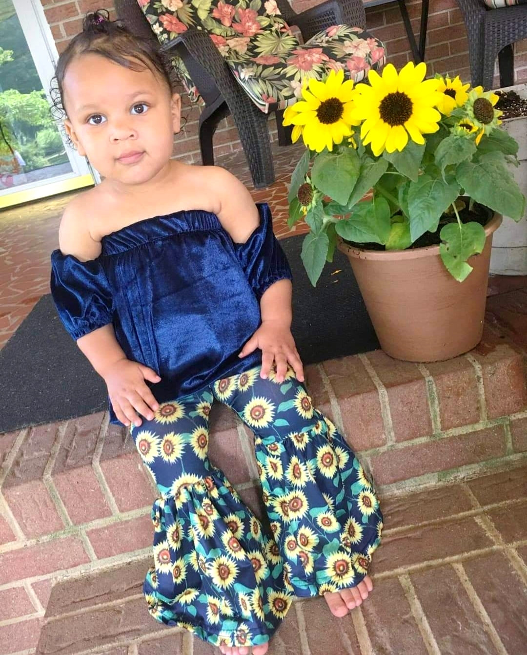 Navy Velvet On Or Off The Shoulder Top and Sunflower Bell Bottoms