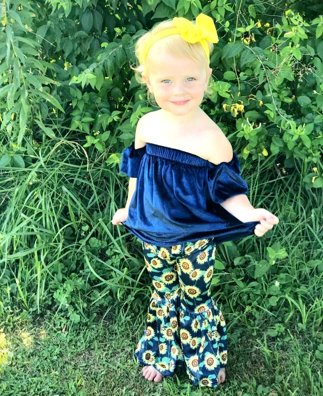 Navy Velvet On Or Off The Shoulder Top and Sunflower Bell Bottoms