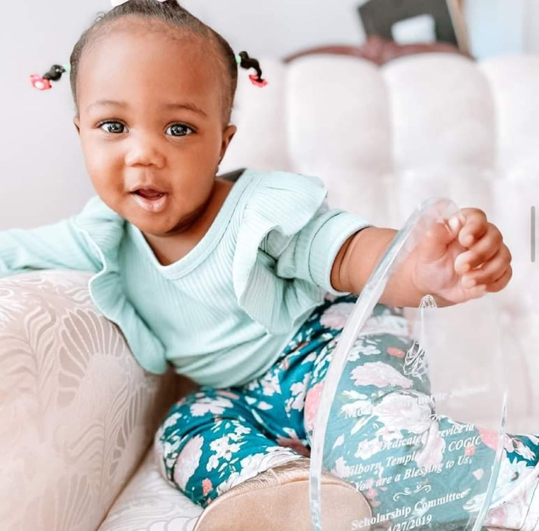 Ribbed Mint Ruffle Romper with Floral Leggings and Headband #1000104