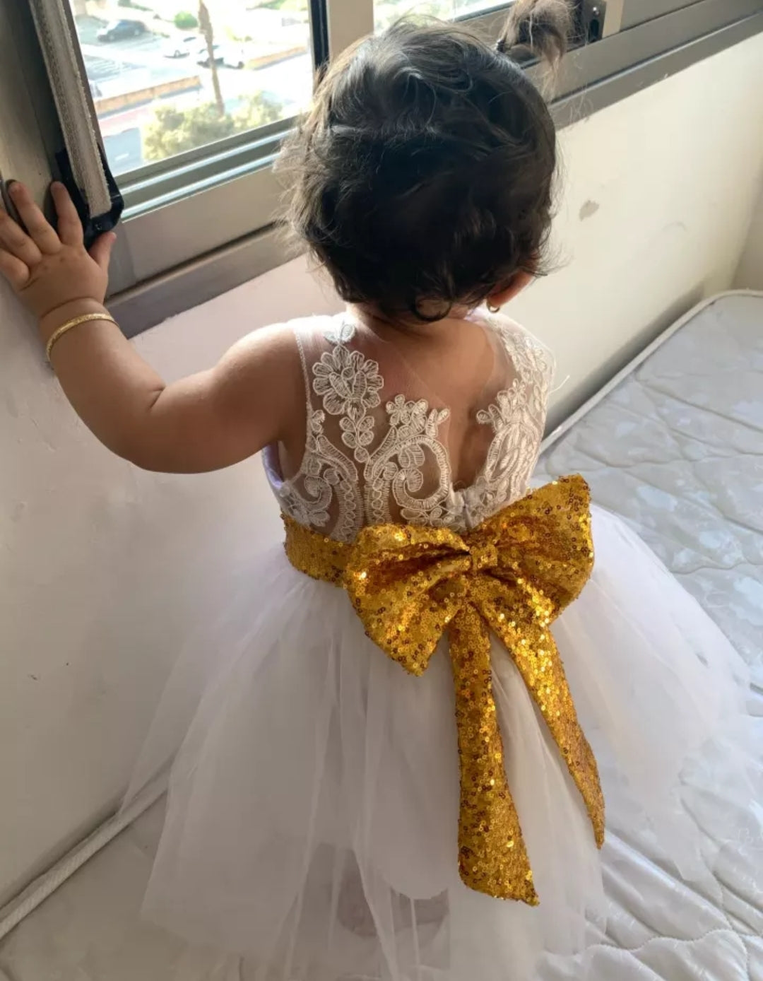 White Lace Tutu Dress with Gold Sequins Bow